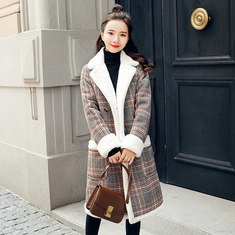 

Cotton-padded Clothes Women's Mid-length Korean-style 2018 New Style Winter Overcoat Plaid Coat Lambs Wool Brushed And Thick Cot