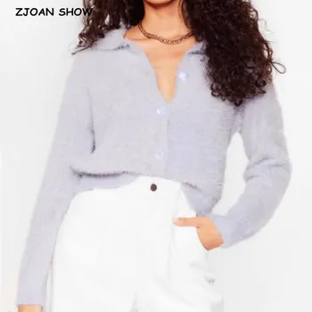 

Autumn Winter 80s Lapel Shaggy Knitted Cardigan Woman's Sweater Single-breasted Button Long Sleeve Jumper Solid Color Knitwear