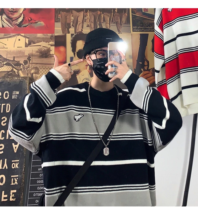 Privathinker мужские и женские Полосатые свитера с круглым вырезом и вышивкой с героями мультфильмов для мужчин s осенние корейские вязаные свитера мужские свободные пуловеры
