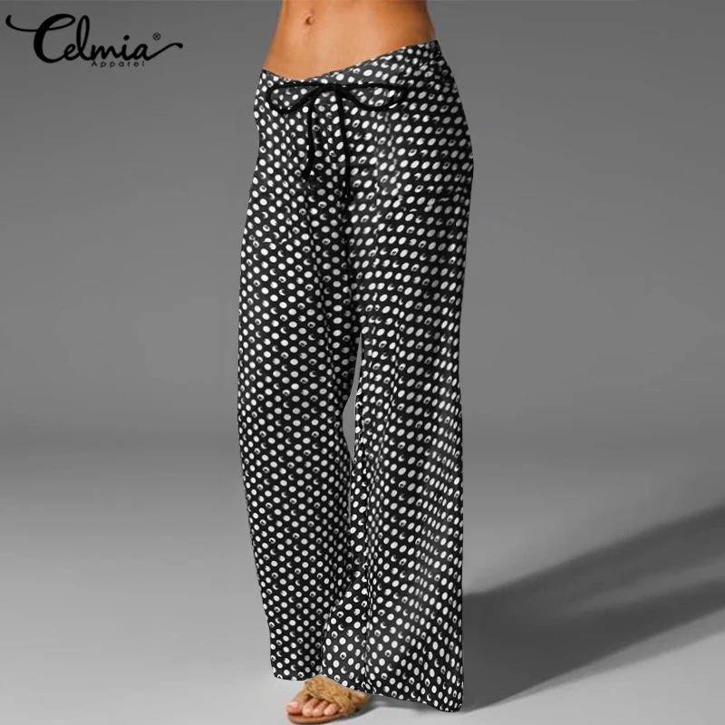 

Vintage Women's Trousers Celmia 2020 Autumn Elastic Waist Casual Wide Leg Pants Loose Polka Dot Print Long Palazzo Work Pantalon