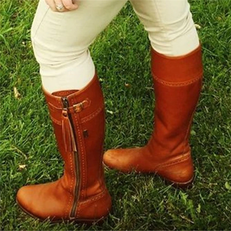 SAGACE Winter Warm Knee High Boots Womens Snow Boots PU Leather High Heels Side Round Toe Side Zipper Tassel Female Shoes 1026