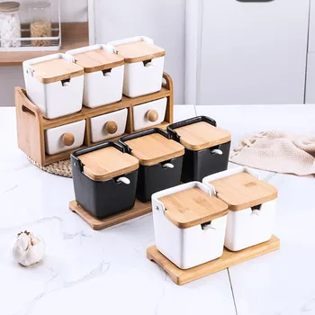 

3pcs/set salt bottle ceramic seasoning jar Ceramic Seasoning Boxes White Ceramic Seasoning Pot Bamboo Lid Salt Storage Kitchen