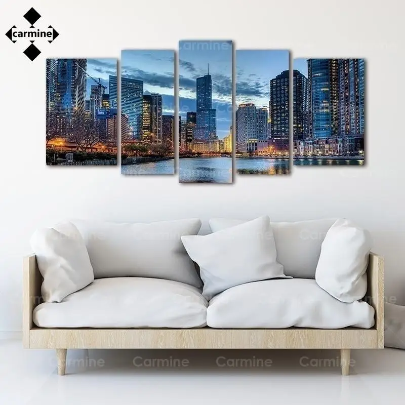 

Картина на холсте Чикаго, городской пейзаж, 5 шт., Hd картина, современный стиль, плакат и печать, декор для гостиной, без рамки