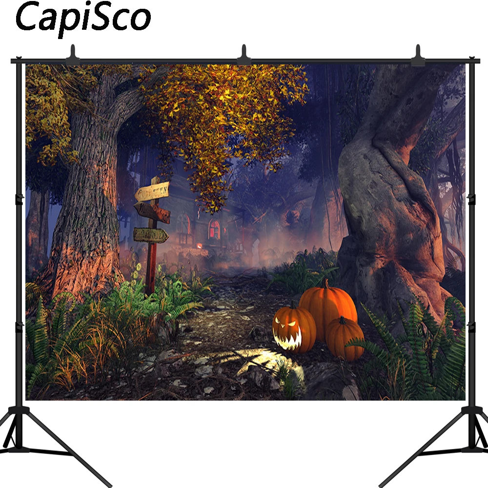 

Capisco Halloween Pumpkin photography backdrops Haunted House Forest Banner Portrait Photoshoot Photo Booth background Props
