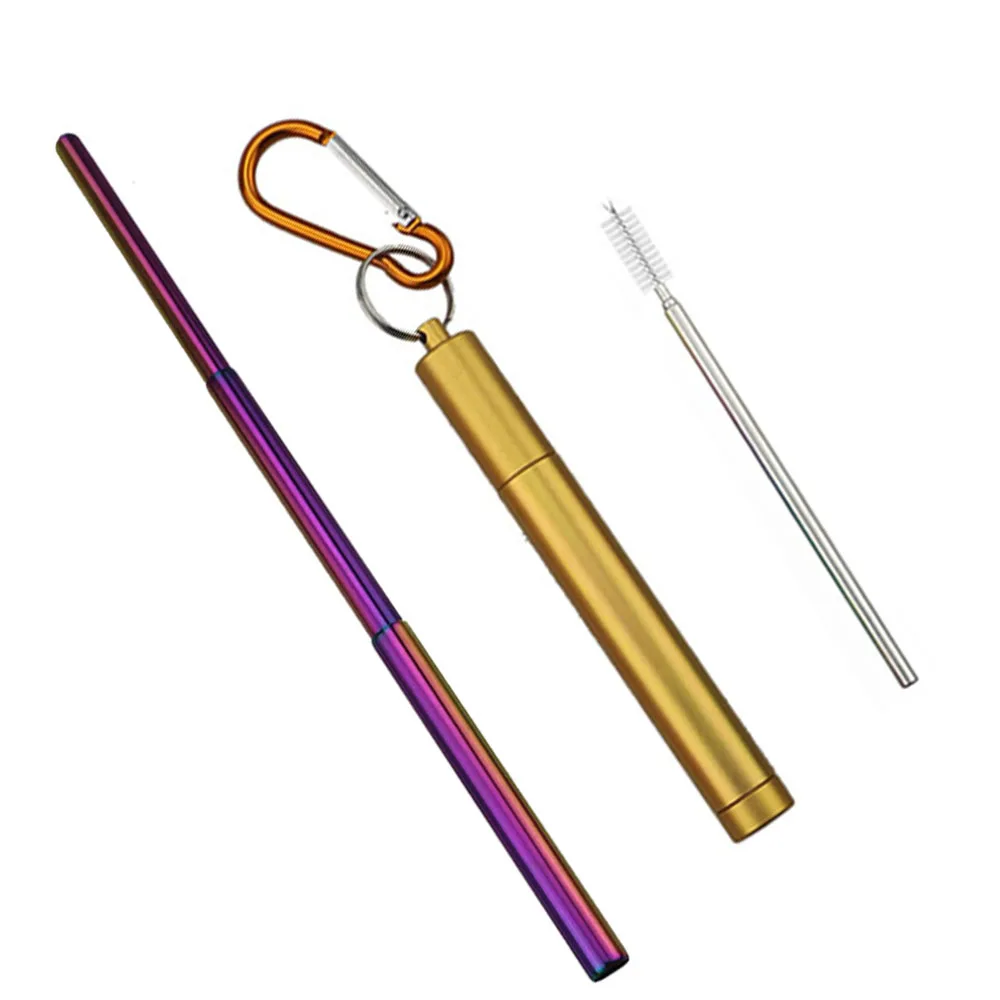 gold box rainbow Reusable Retractable Drinking Straws Portable 304 Stainless Steel Telescopic Straw Traveling Foldable Straw with Case and Brush - Цвет: gold box rainbow