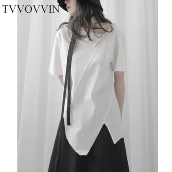 

loose Women Black Asymmetrical Split Temperament T-shirt Round Neck Short Sleeve Fashion Tide Spring Summer 2020 DTWG