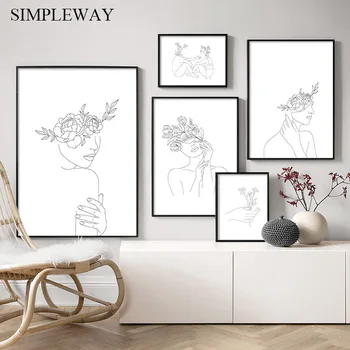 

Simplicity Line Drawing Poster and Print Black White Abstract Flower Woman Artwork Canvas Painting Wall Art Picture Home Decor