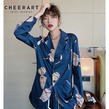 CHEERART Ukiyoe Hannya Print Long Blazers Women Blue Autumn Designer Jacket Coat Suit Designer Blazer Fall 2020 Women 1