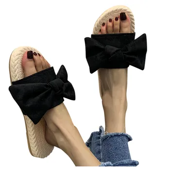 

Summer Ladies Bow Straw Outdoor Slippers Beach Slip-resistant Flat Comfortable Beach Slippers 2020 New Женские Ботинки