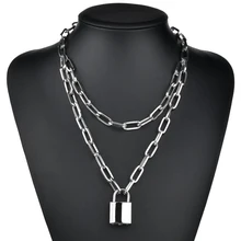  Cute Simple Chain Link Lock Necklace Pendant Women Silver Color Fashion Goth Jewelry Party Punk Maxi Collier Long Necklace Gift 