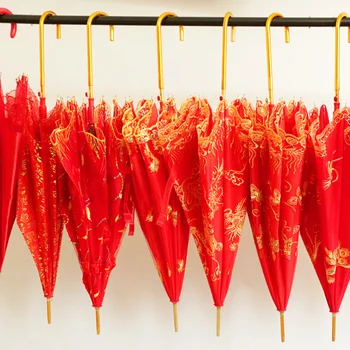 

Wedding supplies wedding dual-use red umbrella bride go out and marry lace embroidery long handle retro Chinese red