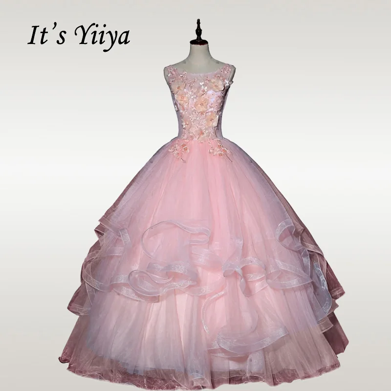 

It's YiiYa Wedding Dresses Elegant Pink Wedding Princess Dress Plus Size Appliques Lace O-neck Robe De Mariee 2020 CH158
