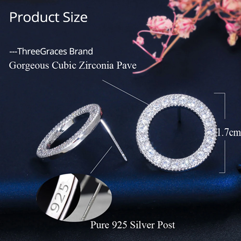 ThreeGraces простой белый кристалл круглый круг микро проложить кубического циркония серьги гвоздики для женщин модный бренд ювелирных изделий подарок E0306