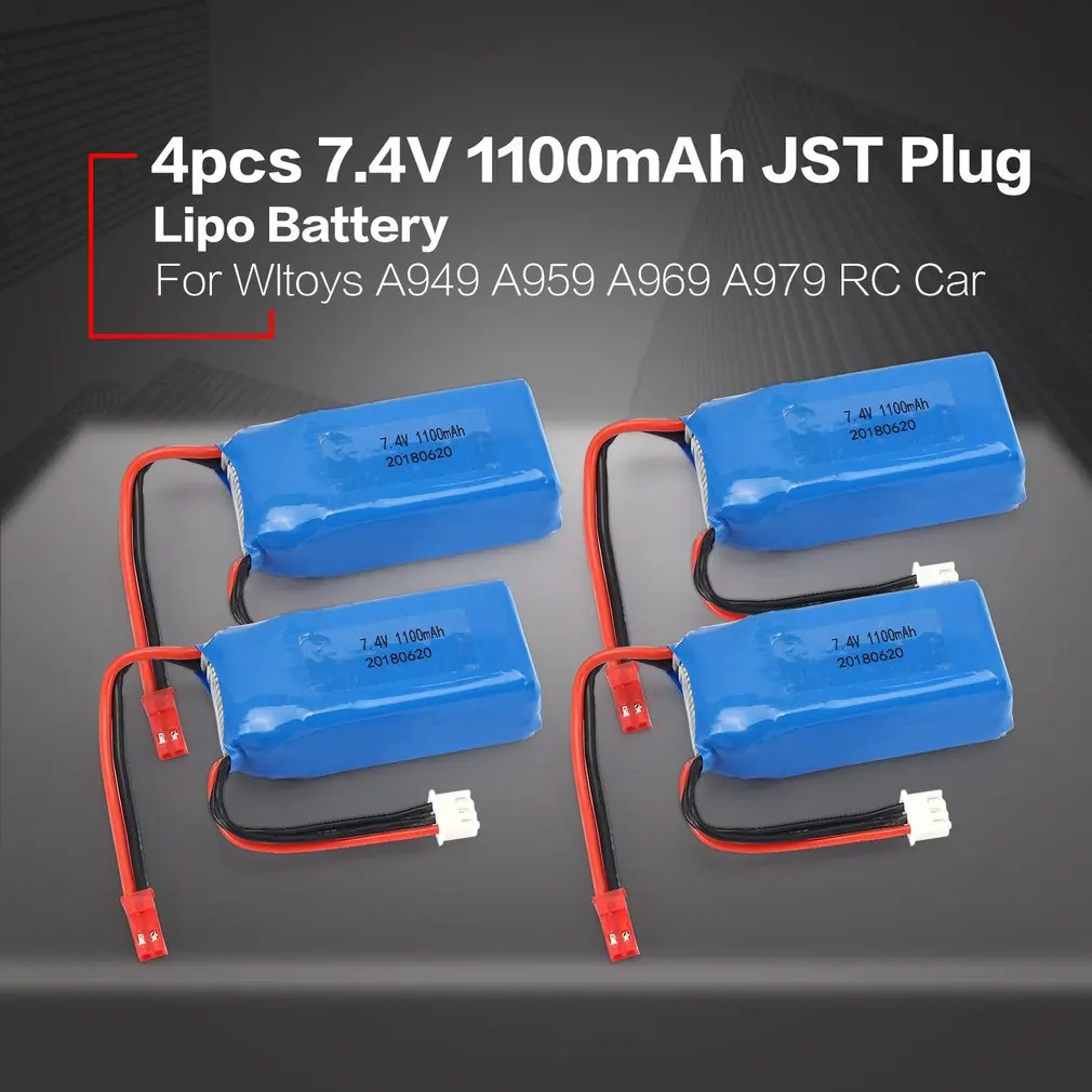 4PCS 7.4V 1100mAh 25C 2S Lipo Battery JST Plug Rechargeable for Wltoys A949 A959 A969 A979 RC Car Airplane Drone