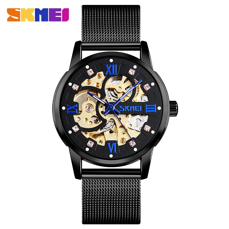 SKMEI, автоматические часы, мужские механические креативные наручные часы, мужские s gear, полый художественный циферблат, стальной ремешок, montre homme 9199 - Цвет: Черный