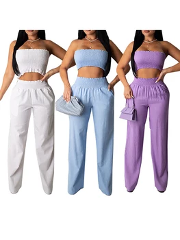 

2020 New Women Strapless Off Shoulder Tank Vest Crop Tops Solid High Waist Loose Wide Leg Pants Trousers 2 pieces