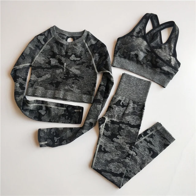 US $10.16 Camo Seamless Yoga Set Sports Wear Women Gym Clothing Fitness Long Sleeve Crop TopBooty Yoga Leggi