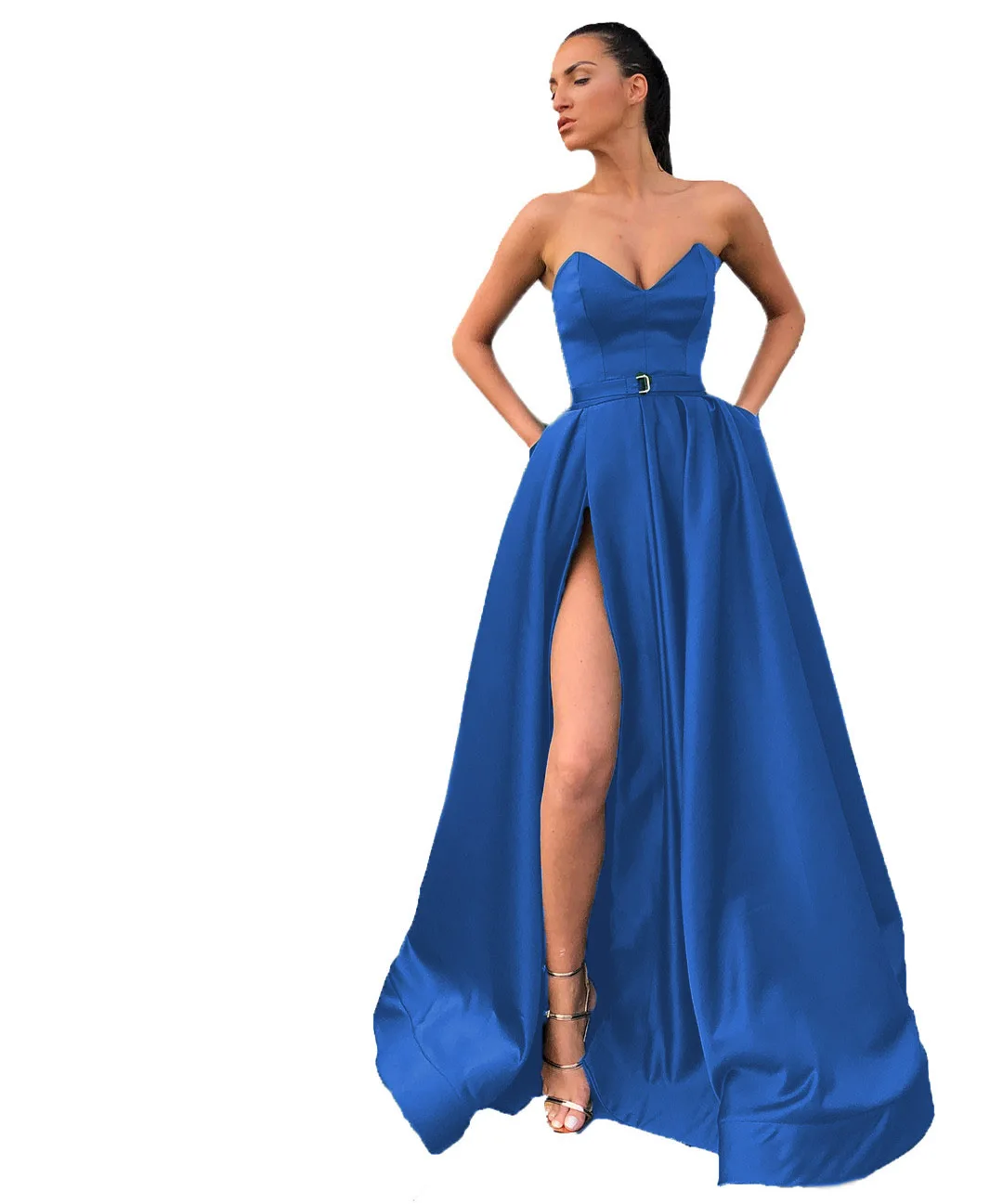 Синий HONGFUYU милое ТРАПЕЦИЕВИДНОЕ сатиновое бальное платье Изумрудное vestido de Baile с разрезом без рукавов vestido de festa Longos Выпускные платья - Цвет: Синий