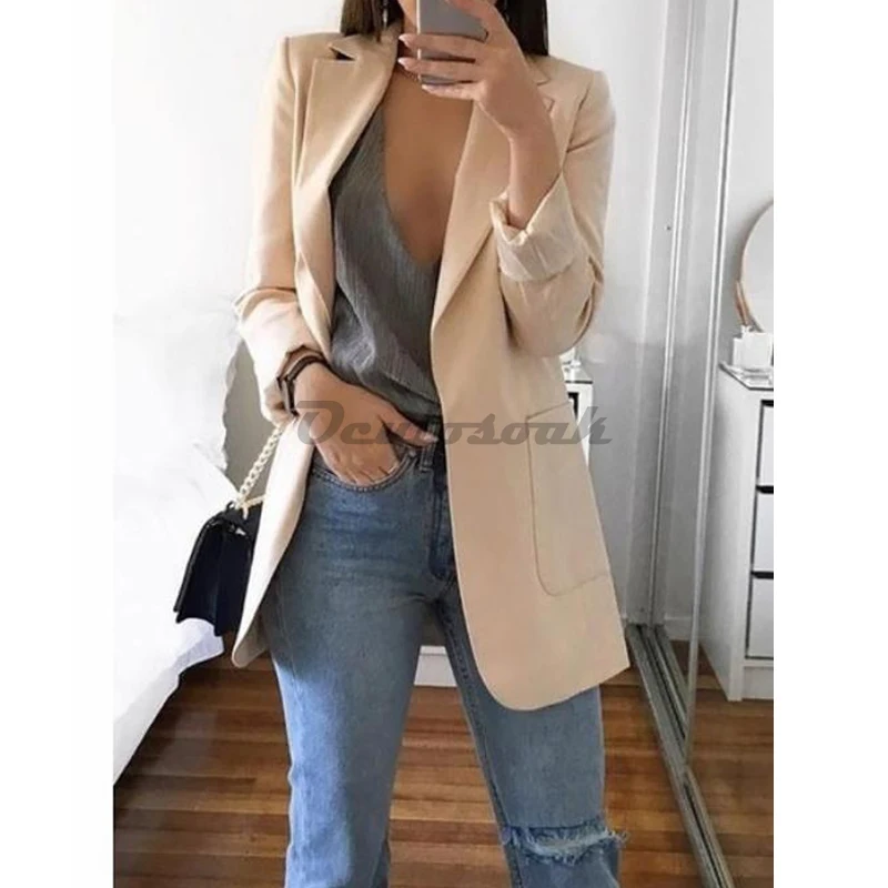 Блейзер feminino, Женская куртка, осенняя, длинный рукав, тонкая, с отворотом, открытая, сшитая, длинная куртка, черная, для офиса, для работы,, костюм, куртка для женщин - Цвет: Apricot