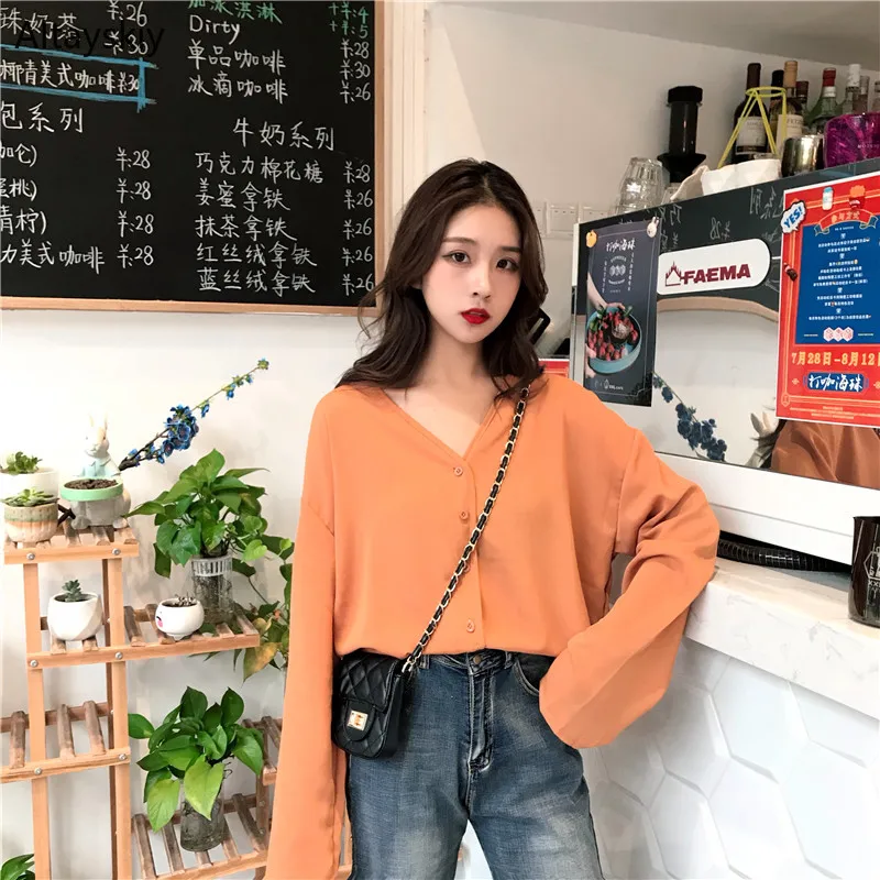 

Shirts Women Solid Korean Style Loose Student Trendy V-Neck Single Breasted High Quality Female Casual Clothing Womens All-match
