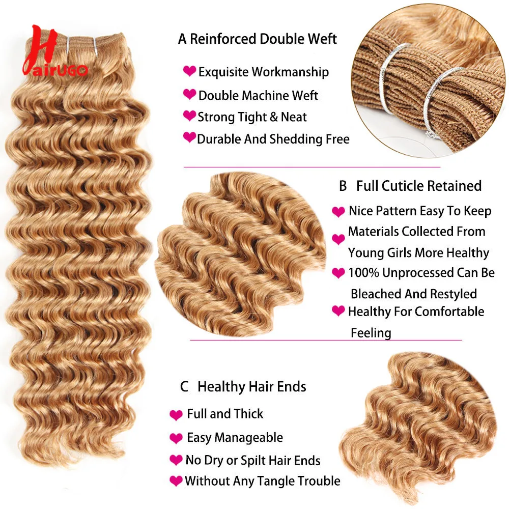 Honey Blonde 4x4 Lace Closure With Bundles #27 Deep Wave Human Hair Bundles With Closure T1B/27 Pre-Colored Hair Weave HairUGo