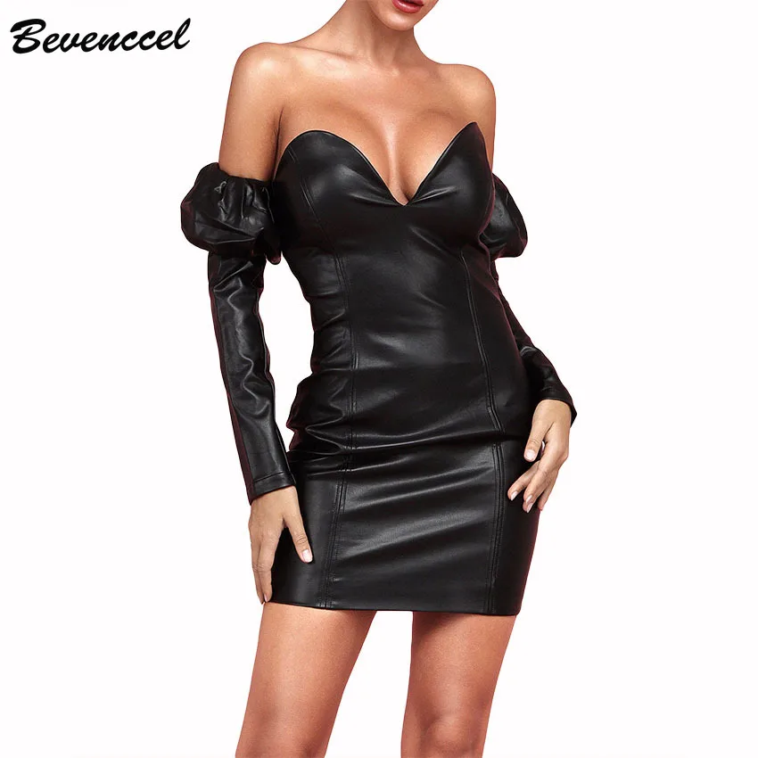 

Bevenccel High Quality Women Leather Dress 2019 New Arrival Long Sleeve Off Shoulder Bodyocn Two Piece Set Evening Party Dress