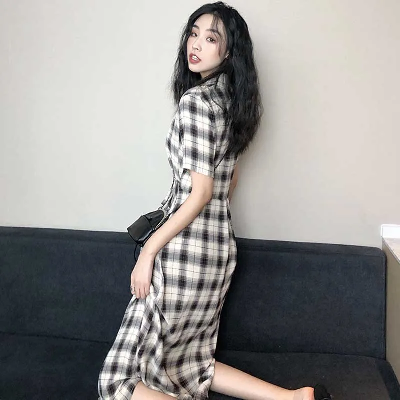 One-Piece Lady Lattice Dress 2020 Summer Fashion Korean Vintage Chiffon V-Neck Bandage Dress Women Elegant Plus Size Dresses