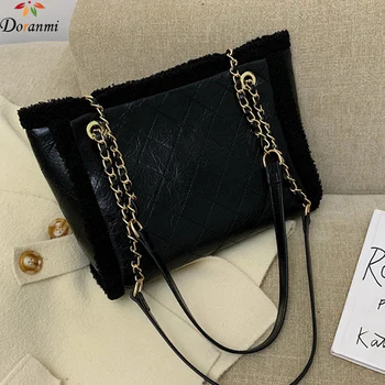 

DORANMI Soft Fur Totes Luxury Handbags Women's Bag 2019 Diamond Lattice Chain Strap Messenger Female Leather Large Bolso BG105