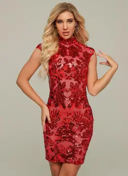 

22019 Autumn Women Celebrate Christmans Party Dress Fashion Female High Neck Short Sleeve Sequins Floral Mesh Red Mini Dress