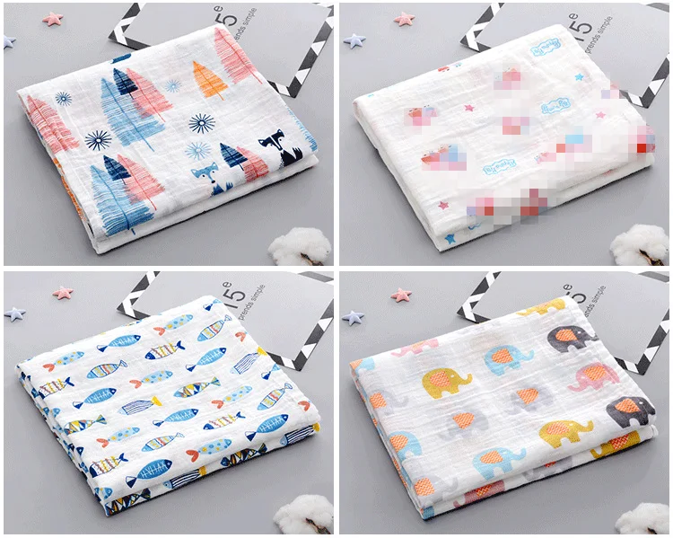 2pcs/set Newborn Baby Blanket Cotton Bamboo Blanket Cartoon Patterns Multi-use Infant Towel Baby Muslin Swaddle Wrap