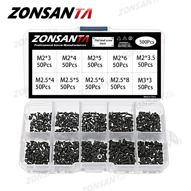 ZONSANTA 500 шт. M2 M2.5 M3 винты с плоской головкой крестовые машинка для ноутбука Винты
