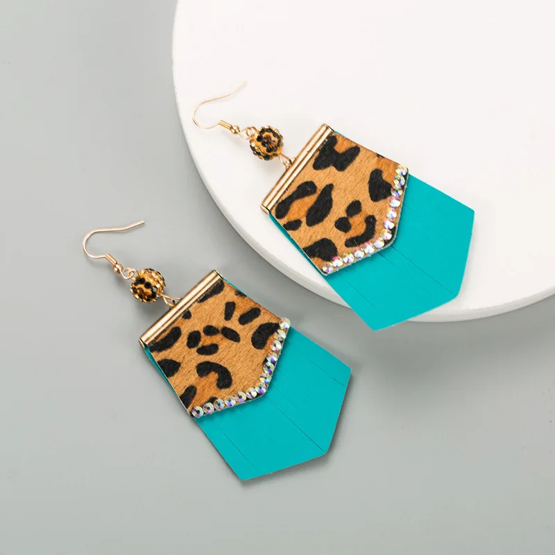 Crystal Gold Stamping Leopard Print Colorful Leather Tassels Dangle Earrings