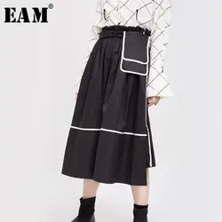 [EAM] с высокой талией, с черным карманом, с разрезом, темпераментная длинная юбка с коротким рукавом, Женская модная новая весенне-осенняя