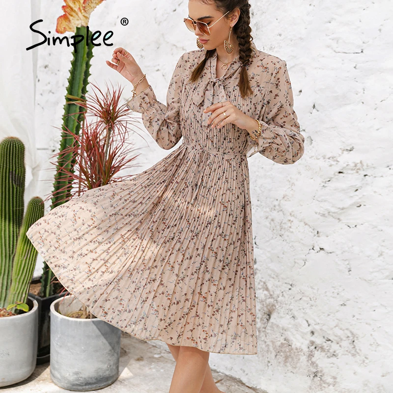 Pleated Dress Simplee Floral-Print Spring Summer Elegant Ruffle-Sleeve Women Bow Sash