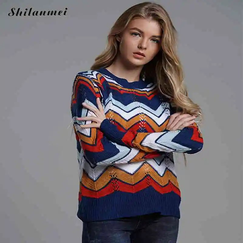 

Fashion Winter Sweaters Pullover Striped Casual Loose Pullover 2019 Korean Sweater Knitted Women Vintage Hit Color Sweater Pull