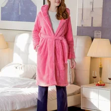 LISN, Осень-зима, плотный теплый длинный халат, Женская Милая Ночная рубашка с капюшоном и заячьими ушками, домашняя одежда