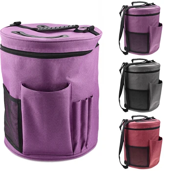 

Large-Sized Cylinder Woolen Yarn Storage Bag 600D Oxford Cloth Tote Organizer With The Shoulder Strap Multi Pockets Convenient