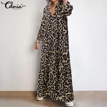 

5XL Women Long Maxi Dress Retro Casual Loose Leopard Print Shirt Vestidos Celmia 2020 Autumn V neck Flare Sleeve Pleated Dress 7
