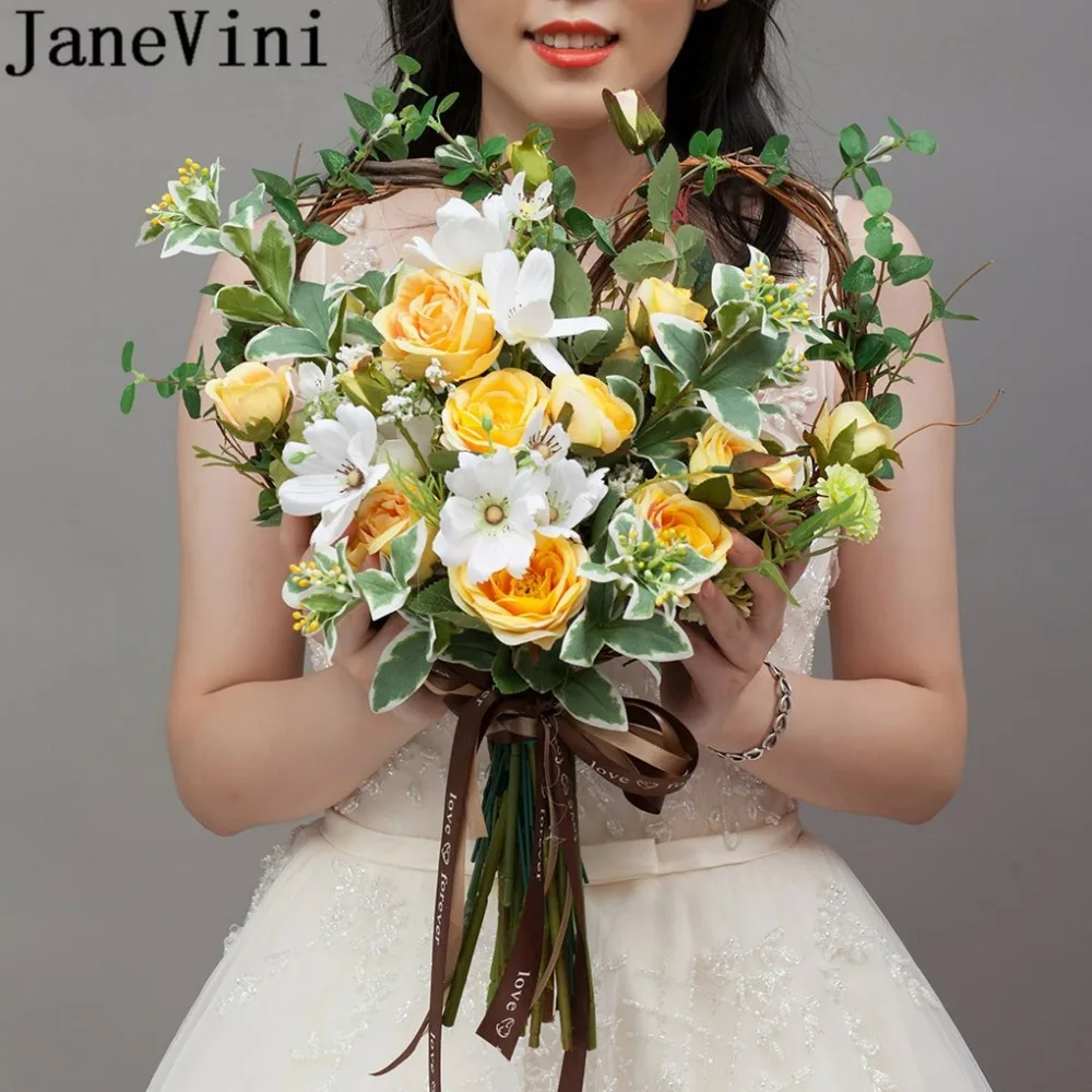 JaneVini Yellow Heart-shaped Brides Bouquet Wedding Flowers Silk Rose Artificial Bridal Bouquets Handle Brooches ramo rosas