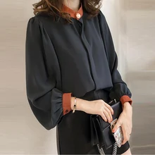 ^#Cheap Korean Chiffon Blouse Women 2019 Autumn Long Sleeve Patchwork Shirts Office Lady Elgant Causal Loose Tops Sweet White/Blue ^#Cheap Korean Chiffon Blouse Women 2019 Autumn Long Sleeve Patchwork Shirts Office Lady Elgant Causal Loose Tops Sweet White/Blue