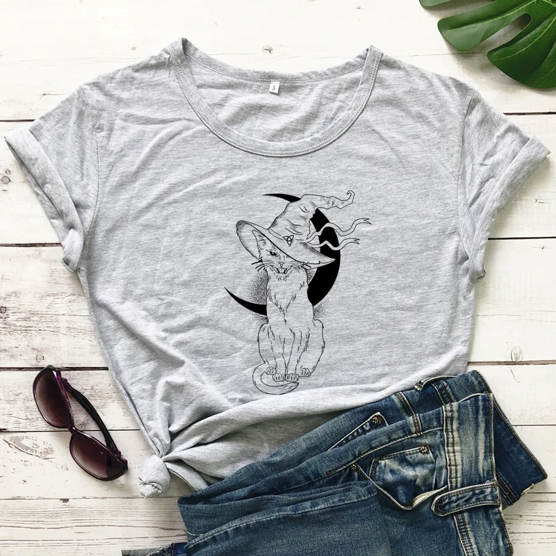 Celestial Moon Cat Witch T-shirt Aesthetic Women Wiccan Gothic Tshirt Vintage Halloween Graphic Tee Shirt Top mens graphic tees Tees