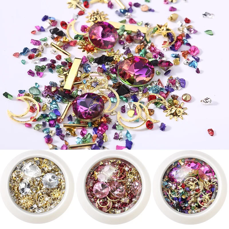 

1 Box Mixed Colorful Nail Gems Nails 3D Crystal Stones Nail Gravel DIY Design Metal Rivet Rhinestones For Nails