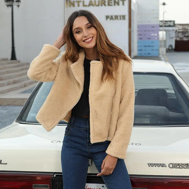 

Hot Selling 2020 Long Sleeve Zipper Plush Jacket Women's Europe And America Solid Color Autumn And Winter WOMEN'S Dress