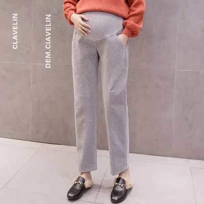 Серый 771# Woolen Maternity Straight Pants Elastic Waist Belly Casual Pants Clothes for Pregnant Women Autumn Winter Pregnancy Trouser - Цвет: Серый