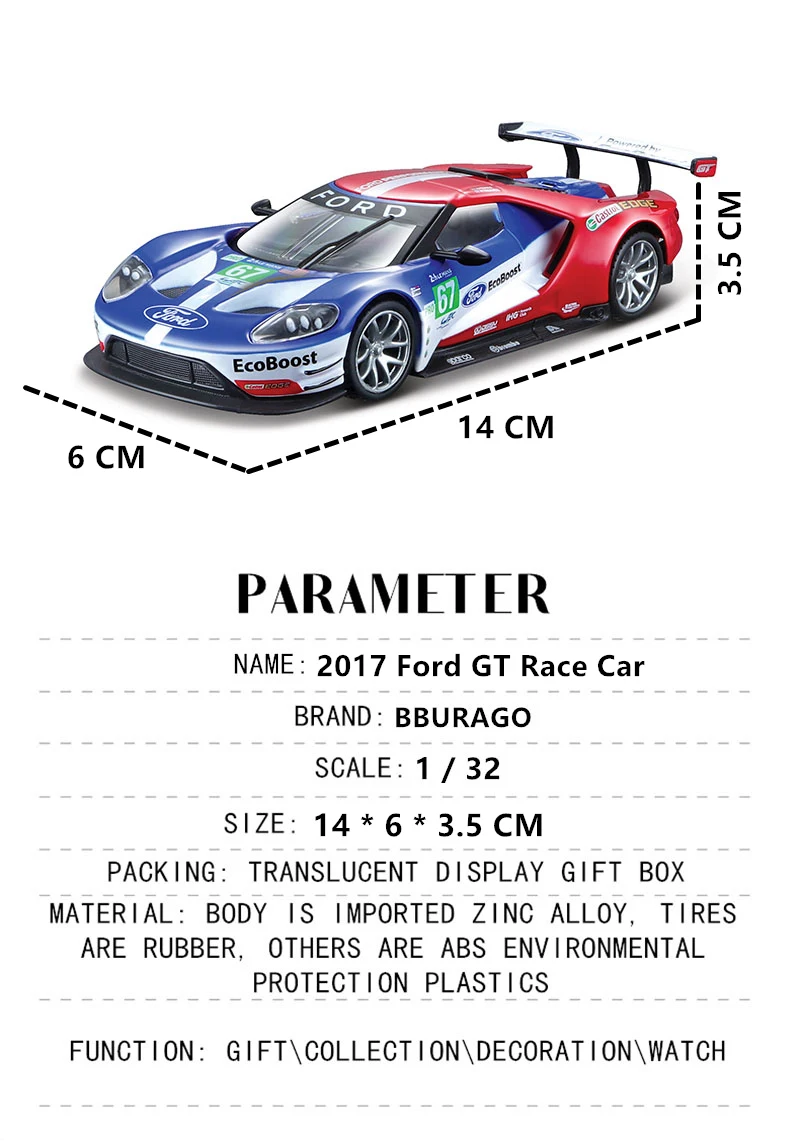 Bburago 1:32 2017 Ford GT Race NO.67 Diecast Model Racing Car NEW IN BOX 