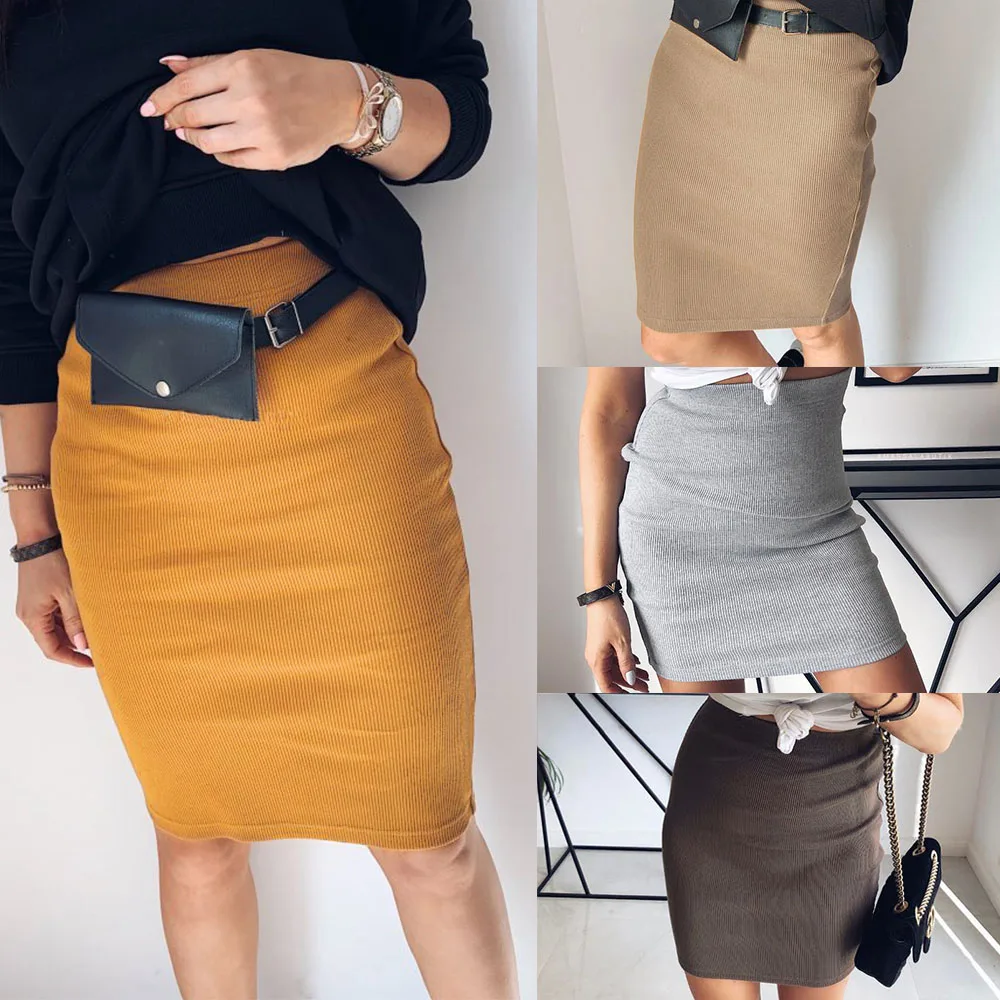 Women Knitting  Pencil Skirts Warp Skirt Sexy Yellow Khaki Gray Brown Solid Color Bodycon Skirt Women Skirt