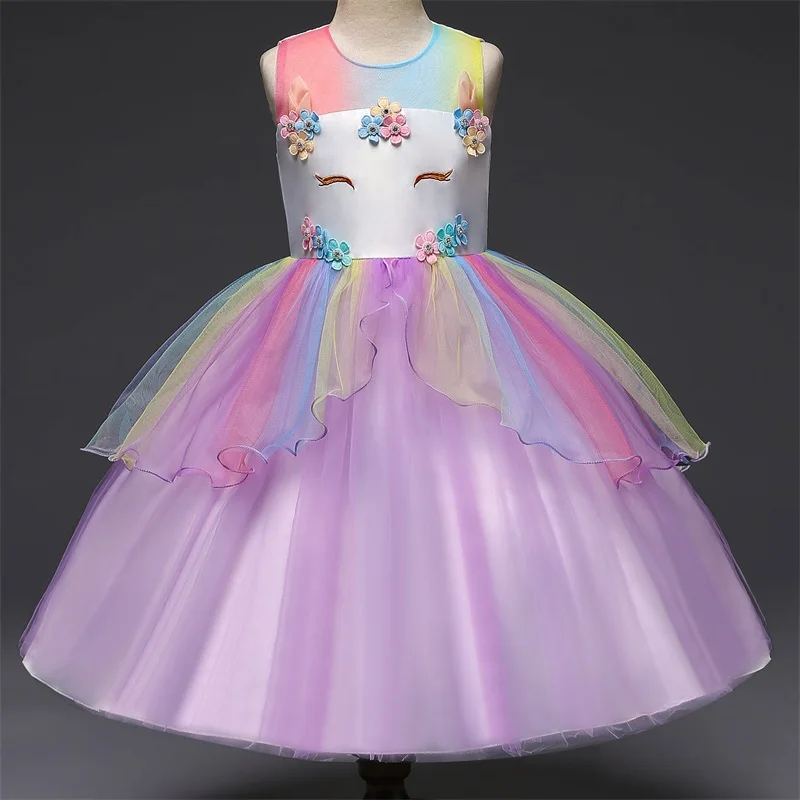 Цветочная аппликация, торжественное платье принцессы для девочек, элегантное праздничное платье для дня рождения платье для девочек одежда с единорогом для маленьких девочек от 4 до 10 лет