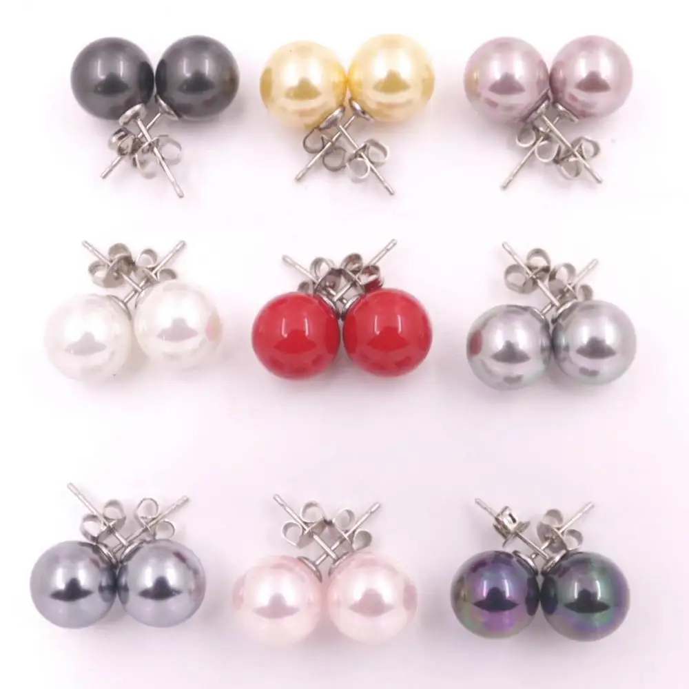 

1 Pair 10mm Round Shell Mother of Pearl Stud Earring White Red Black Pink Choose