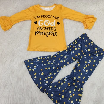 

OEM&ODM "God answer prayers" print yellow ruffle outfits for baby girl
