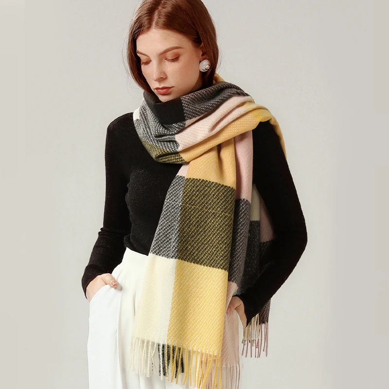 

Winter Female Wool Scarf Women Cashmere Scarves Wide Lattices Long Shawl Wrap Blanket Warm Tippet Pashmina Tassels Scarf Women